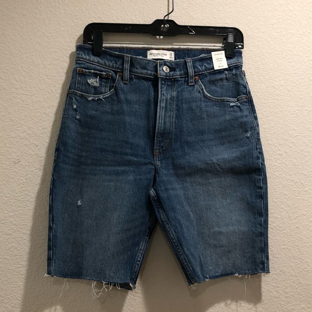 Abercrombie & Fitch Blue Medium Wash Raw Hem High Rise 9" Denim Shorts Size 27